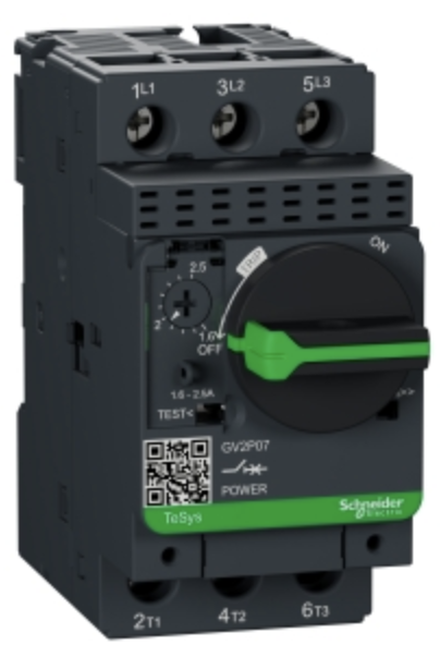 Guardamotor marca SCHNEIDER serie TeSys GV2P Amperaje 1.6 - 2.5A Polos 3 Manija Rotativa