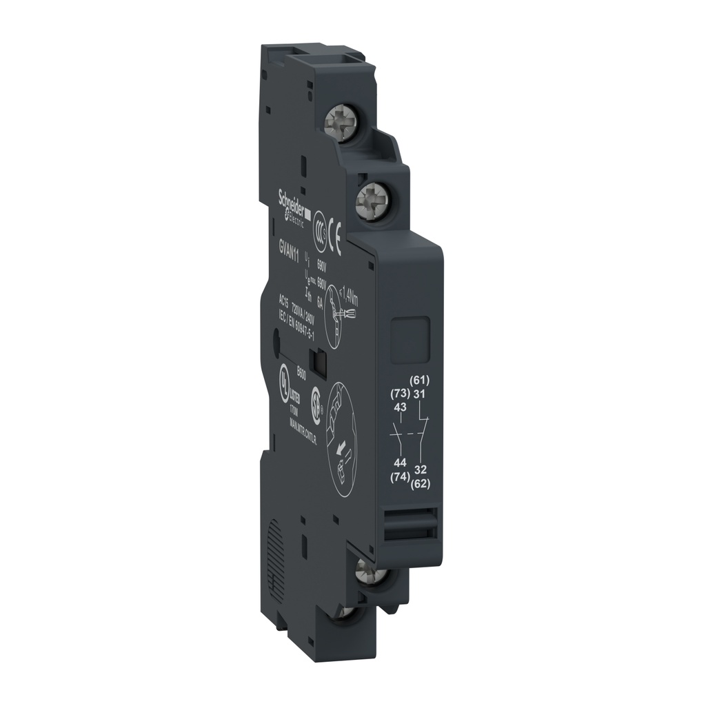 Contacto Auxiliar marca Schneider Electric Serie GVA; Contactos 1NO Contactos 1NC lateral.