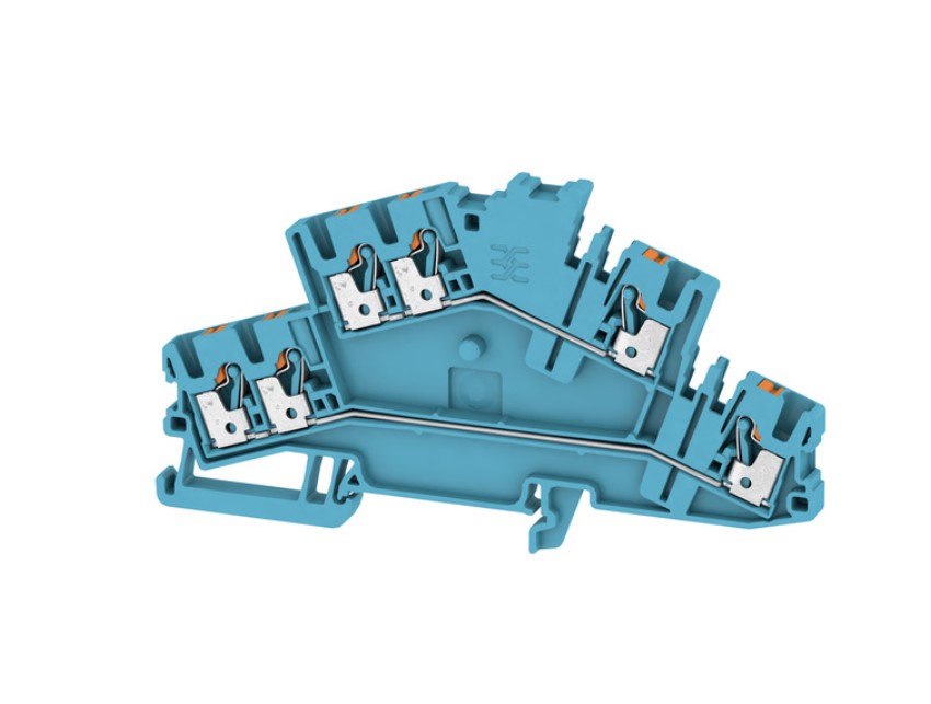 Bornera 2.5mm² marca Weidmüller Serie A2T 2.5 ; Amperaje 22A, Calibre 26-12AWG, Nivel 2 Conexión push in, color azul