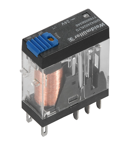 D-SERIES DRI, relé, número de contactos: 2, contacto CO AgSnO, voltaje de control nominal: 12 V CC, corriente continua: 5 A, conexiones de hoja plana (2,5 mm x 0,5 mm), botón de prueba disponible: sí