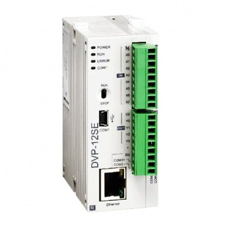 PLC Compacto marca DELTA Serie Slim PLC DVP-SE; Alimentación 24VDC Entrada Digitales 8DI Salidas Digitales/Relé 4DO