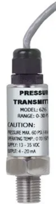 Sensor de presión marca Dwyer Serie 626; Rango 0-30Psi Conexión a proceso 1/4" NPT Salida 4-20mA Conexión eléctrica Cable gland precableado de 3ft