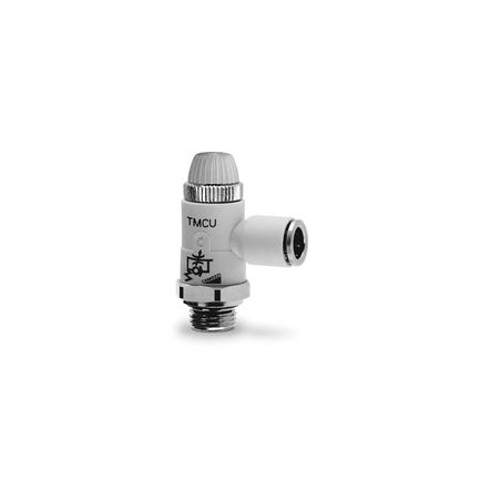 Válvula reguladora de caudal Unidireccional marca CAMOZZI Serie TMCU; Diámetro Tuberia 6mm conexión Diámetro Rosca G1/4 Rango presión 10bar/145psi      