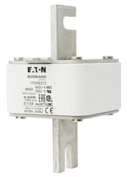 170M6212 Fusible marca EATON, alta velocidad aR, 800A, CA 690V, DIN 3, (76 x 90 x 139) mm, aR, DIN, IEC, indicador tipo T