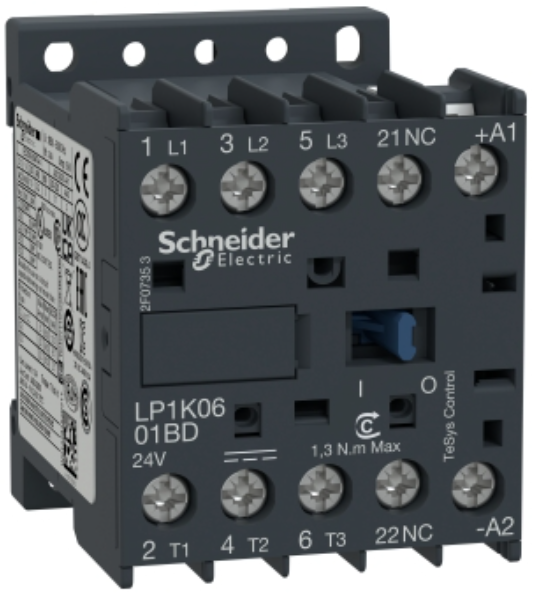 Contactor marca Schneider Electric serie TeSys K; Amperaje 6A Polos 3 Potencia(kW) 3kW 440VAC Bobina 24VDC Contacto Aux 1NO,NC 0
