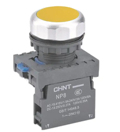 Pulsador Marca Chint NP8; Color Amarillo No Iluminado Momentaneo Diametro 22mm