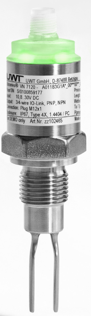 Interruptores de nivel para liquidos serie Vibranivo® diseño ultracompacto VN 7 Pos. 10 - Tipo: [A] VN 7120 Pos. 20 - Certificado: [0] CE / UKCA Pos. 30 - Adaptador de temperatura: [2] con, Temperatura de proceso máx. 150 °C Pos. 40 - Carcasa: [1] Carcasa Ø35 mm 1.4404 (316L), cubierta de PC, IP67, Tipo 4X, conector M12 - incl. Anillo LED [3] Carcasa Ø35 mm 1.4404 (316L), cubierta de PC, IP67, Tipo 4X, conector de válvula EN175301-803/ISO4400 (incluye conector de acoplamiento de válvula (IP67)) Pos. 50 - Módulo electrónico: [A] 2 hilos sin contacto 20…230 V CA/CC [B] IO-Link de 3/4 hilos, PNP, NPN, push/pull Pos. 60 - Conexión a proceso: [0G] Rosca NPT 1/2" ASME B1.20.1 [0B] Rosca NPT 1" ASME B1.20.1 Pos. 80 - Material del proceso/pluma: [1] Acero inoxidable 1.4404 (316L), Ra < 3,2 µm Pos. 90 - Longitud de la pluma L: [A] Versión corta L = 64 mm Pos. 110 - Garantía prórroga: [X] hasta 6 años