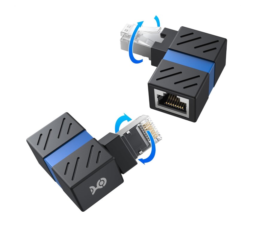 Cable Matters Paquete de 2 adaptadores Ethernet de ángulo recto Cat 6A giratorio de 10Gbps 360°, adaptador Ethernet Cat6A RJ45 macho a hembra