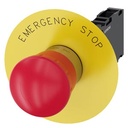 Pulsador de seta de parada de emergencia, 22 mm, redondo, metal, brillante, rojo, 40 mm, enclavamiento positivo, según EN ISO 13850 desenclavamiento por giro, con placa de fondo amarilla, inscripción: Parada de emergencia, con soporte, 1 NA+1 NC, borne de tornillo